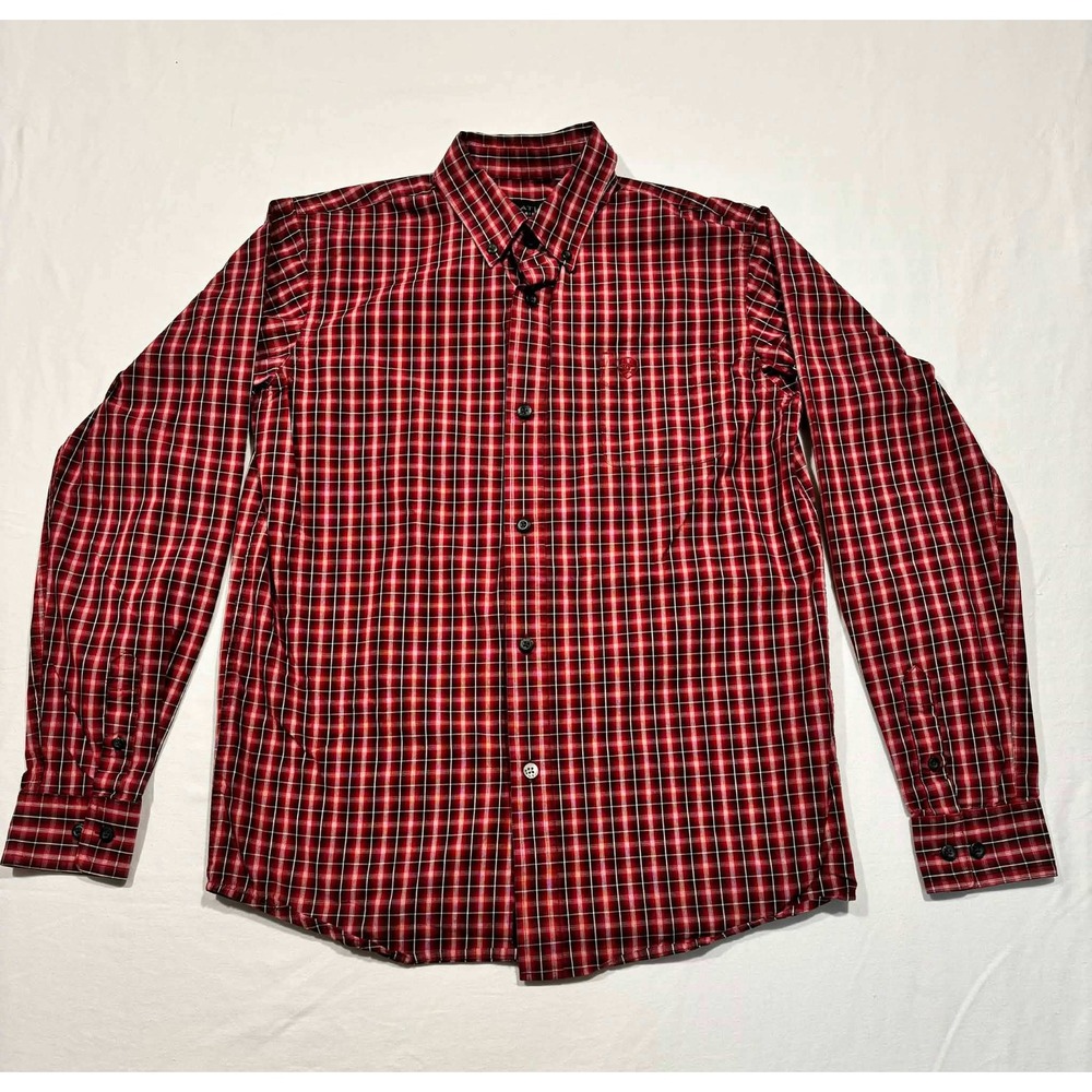 Ariat Pro Series Boys Red Black Plaid Long Sleeve Button Down Shirt Size L 14-16